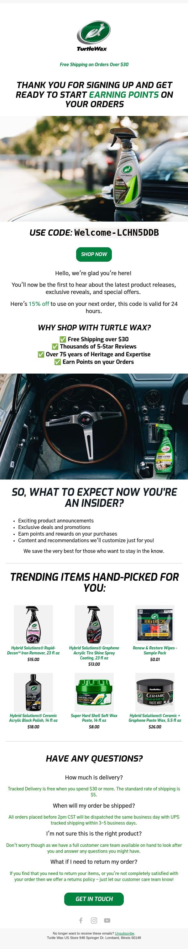 π’π Welcome Aboard , Friend, Here's 15% Your Next Order and Start Earning Points Today! email from Turtle Wax screenshot