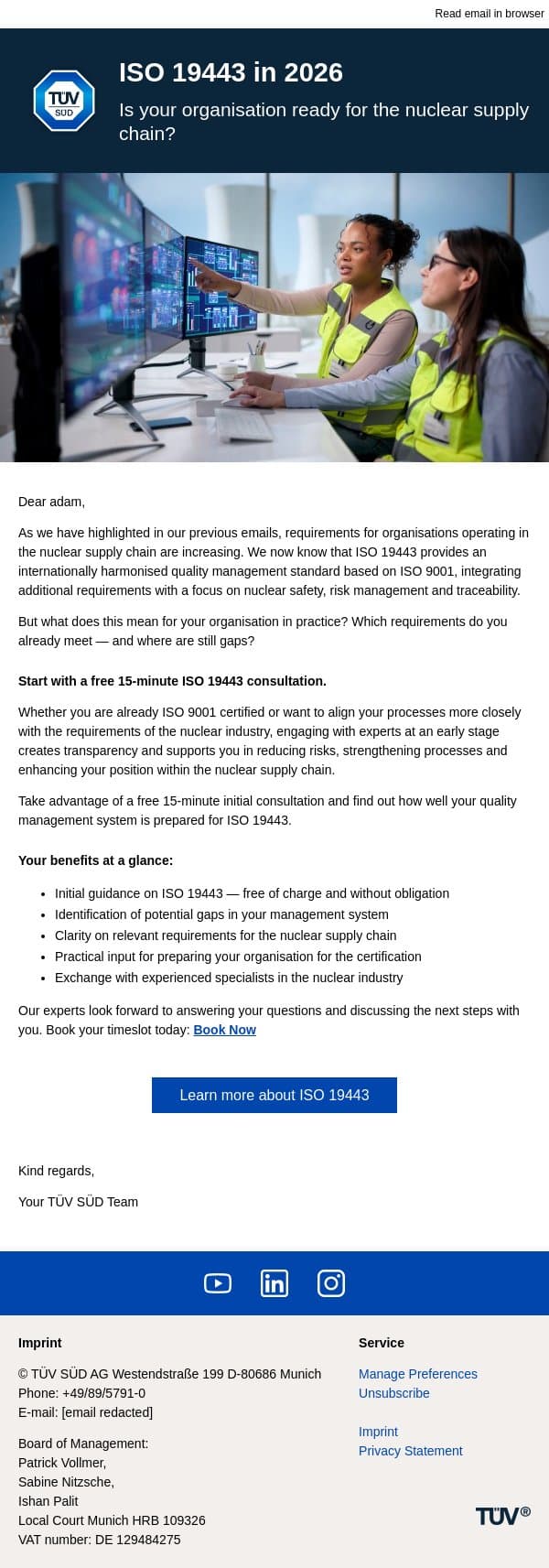 Is your organisation ready for the nuclear supply chain? email from TÜV SÜD Middle East screenshot