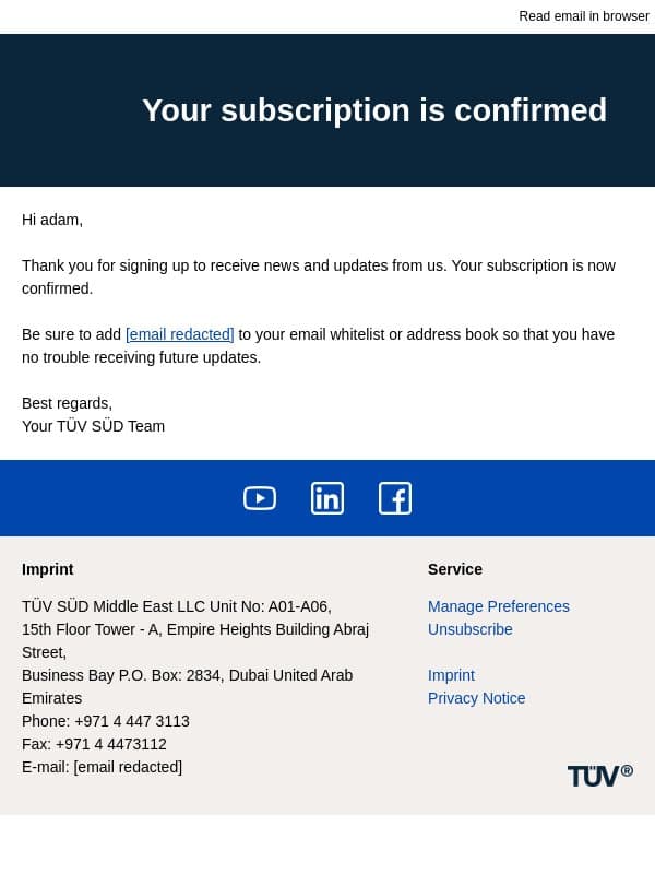 Your subscription is confirmed email from TÜV SÜD Middle East screenshot