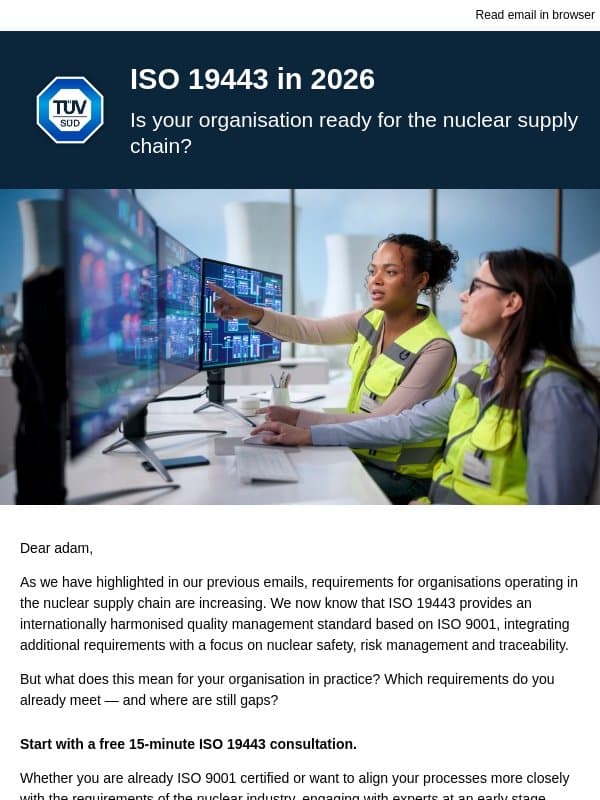 Is your organisation ready for the nuclear supply chain? email from TÜV SÜD Middle East