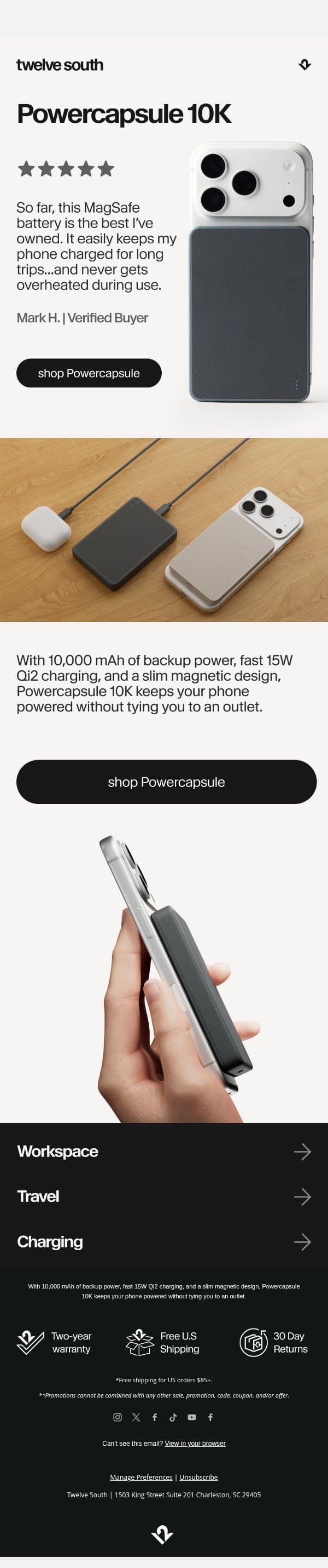 Why Powercapsule Earned 5 Stars email from Twelve South screenshot
