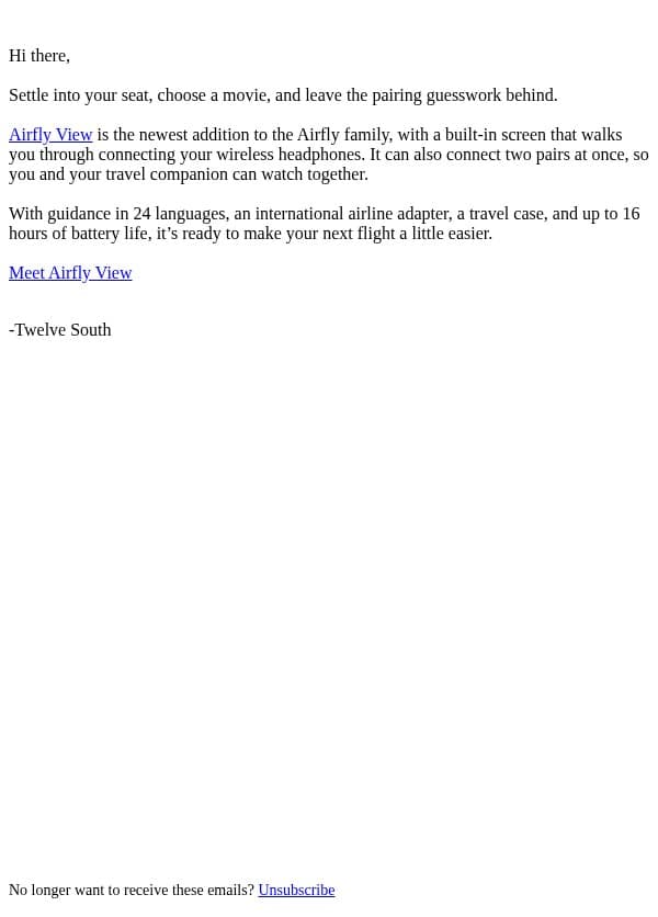 Airfly View Has Landed email from Twelve South screenshot