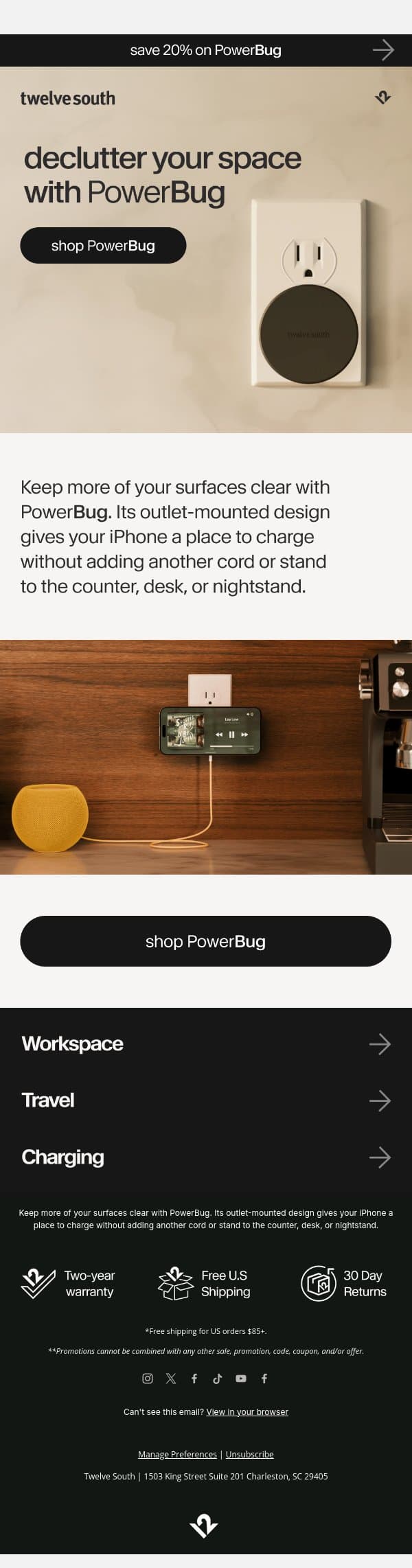 Declutter Your Space With PowerBug email from Twelve South screenshot