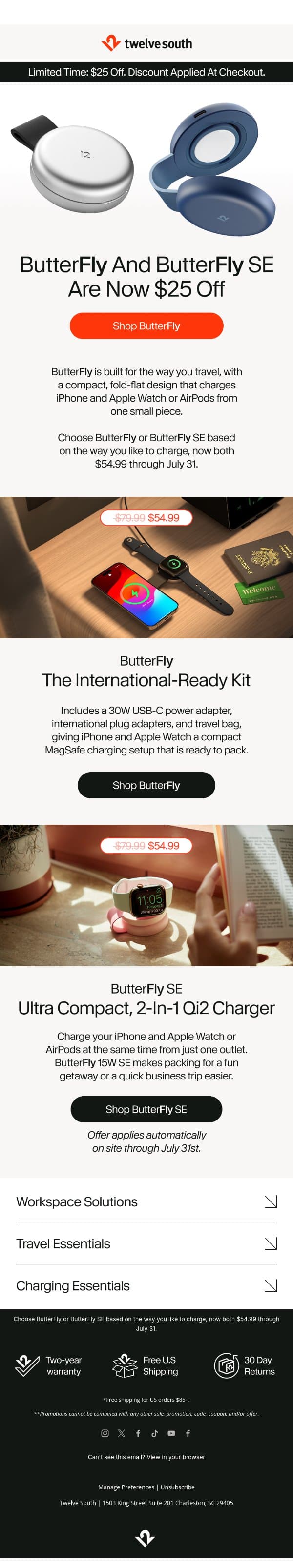 ButterFly, Now $25 Off email from Twelve South screenshot