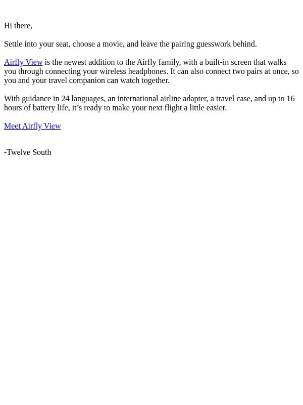 Airfly View Has Landed email from Twelve South