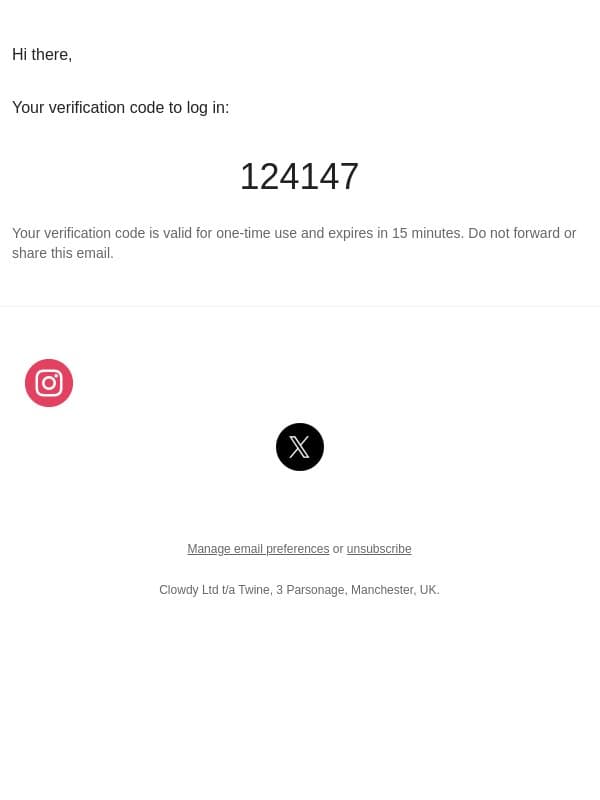 Your authentication code email from Twine