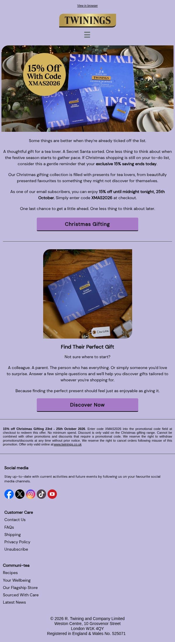 Last chance to save 15% on Christmas gifting email from Twinings screenshot