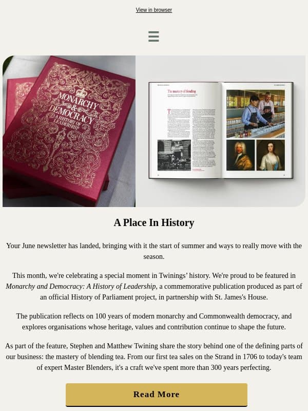 Your June newsletter: celebrating a moment in Twinings' history email from Twinings