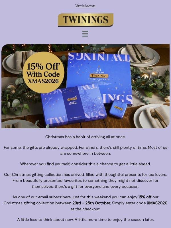 The Christmas shop starts here email from Twinings