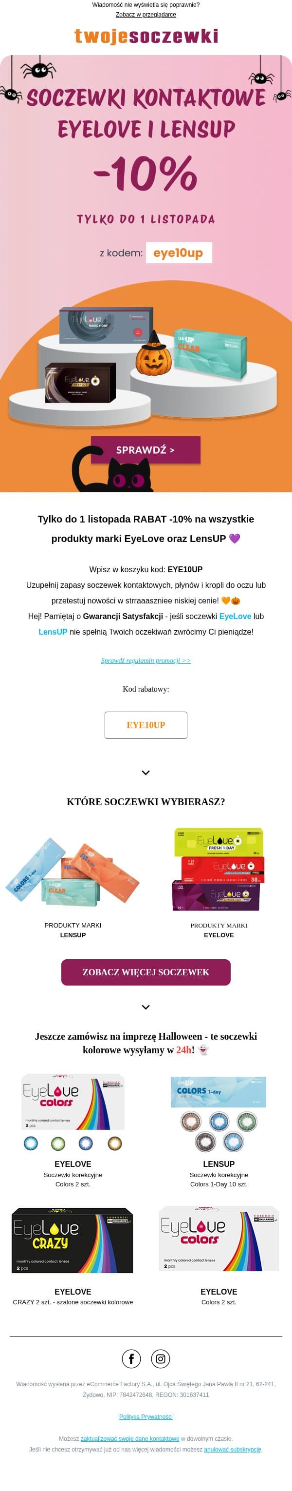 ⏰Tylko do niedzieli 🔖rabat -10% na soczewki kontaktowe LensUP i EyeLove! email from Twoje Soczewki screenshot
