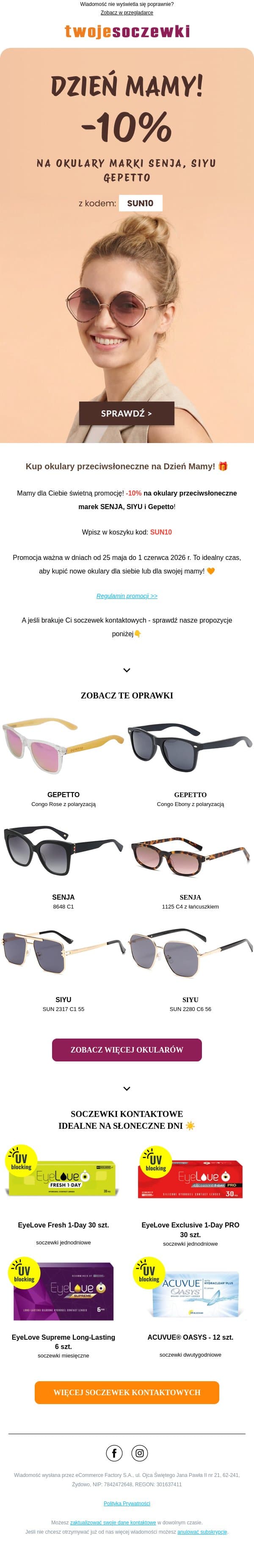 Okulary przeciwsłoneczne na Dzień Mamy?🕶️ Teraz -10% na wybrane marki🌹 email from Twoje Soczewki screenshot