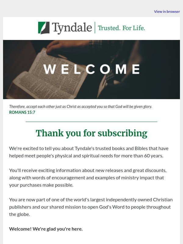 Here's your 20% off! email from Tyndale House Publishers