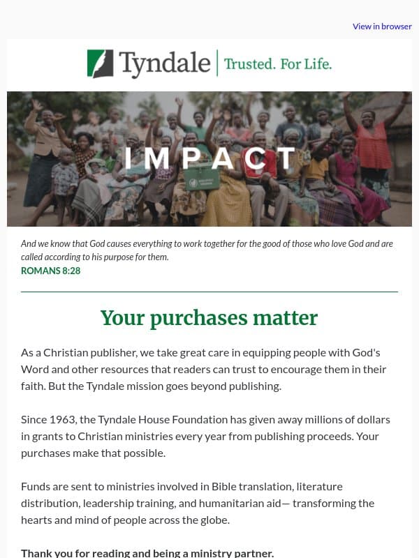 You're a Tyndale ministry partner email from Tyndale House Publishers