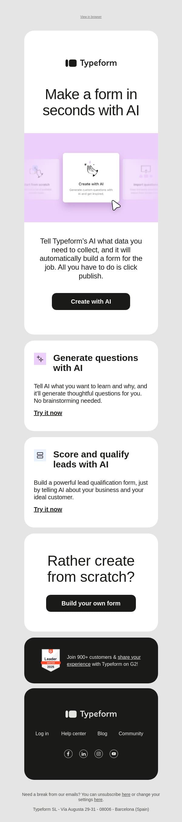 Let our AI build forms for you email from Typeform screenshot