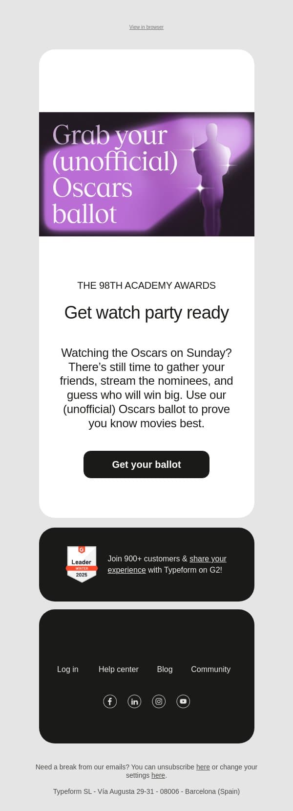 You’ll need this for Sunday 🏆 email from Typeform screenshot