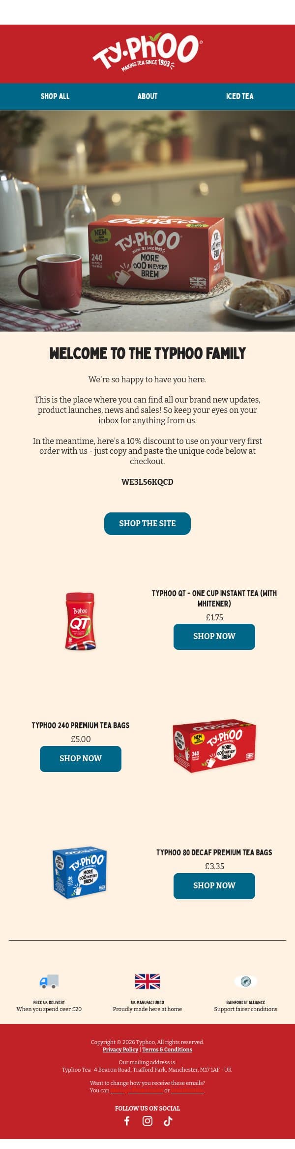 Hi Friend, welcome to Typhoo 🍵 email from Typhoo Tea screenshot