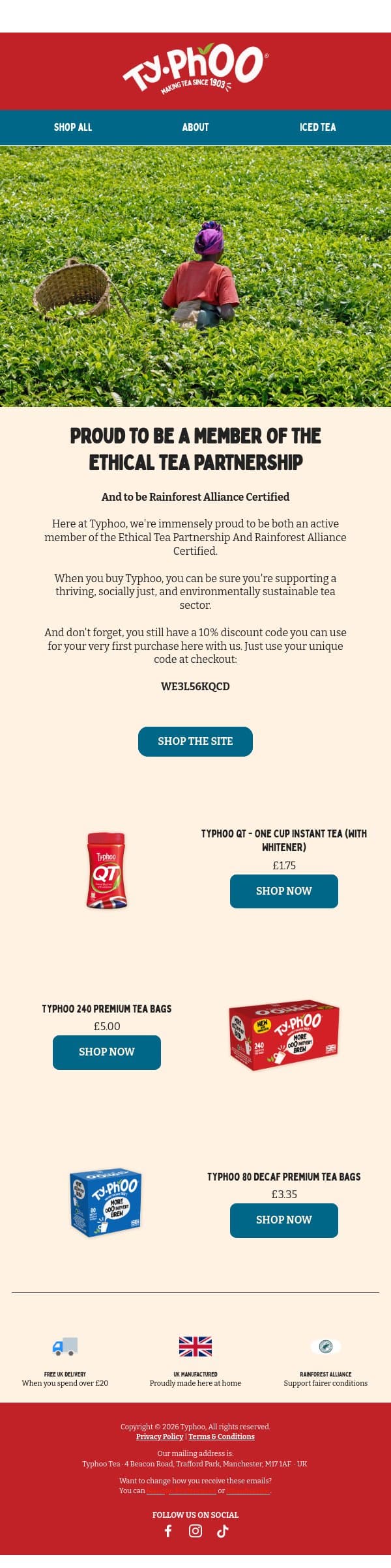 Hey Friend, did you know we're a member of the ethical tea partnership? email from Typhoo Tea screenshot
