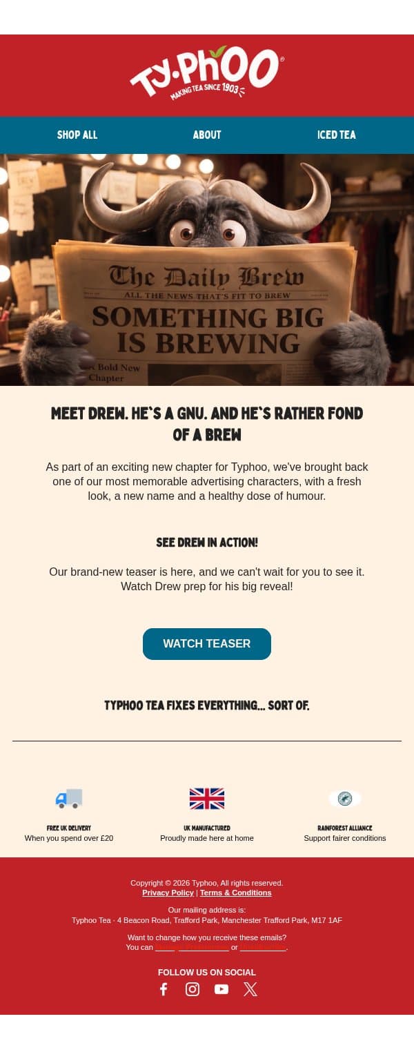 Meet Drew, he's a Gnu, and he's rather fond of a brew 🍵 email from Typhoo Tea screenshot
