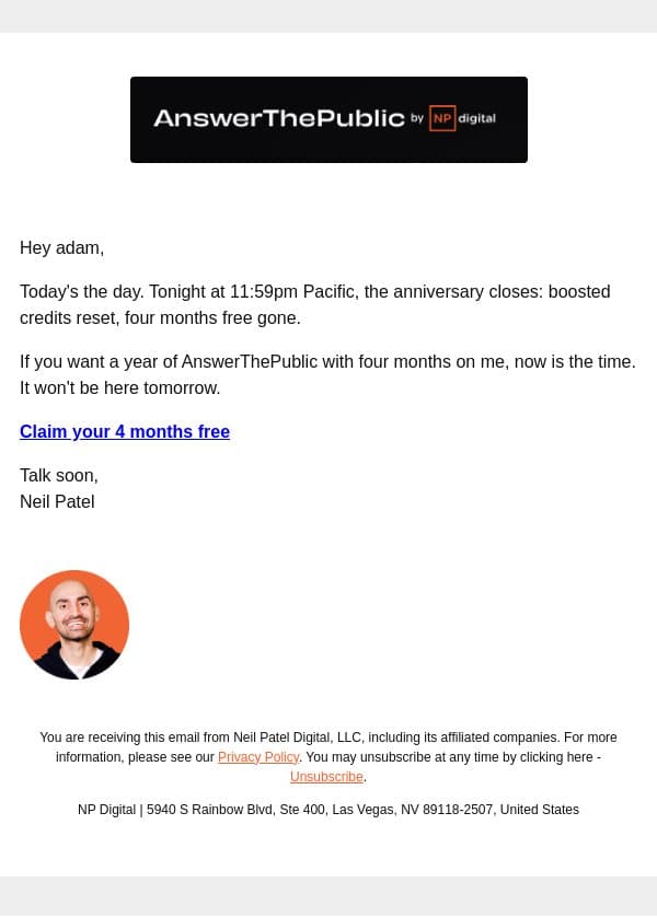Final hours email from Ubersuggest screenshot