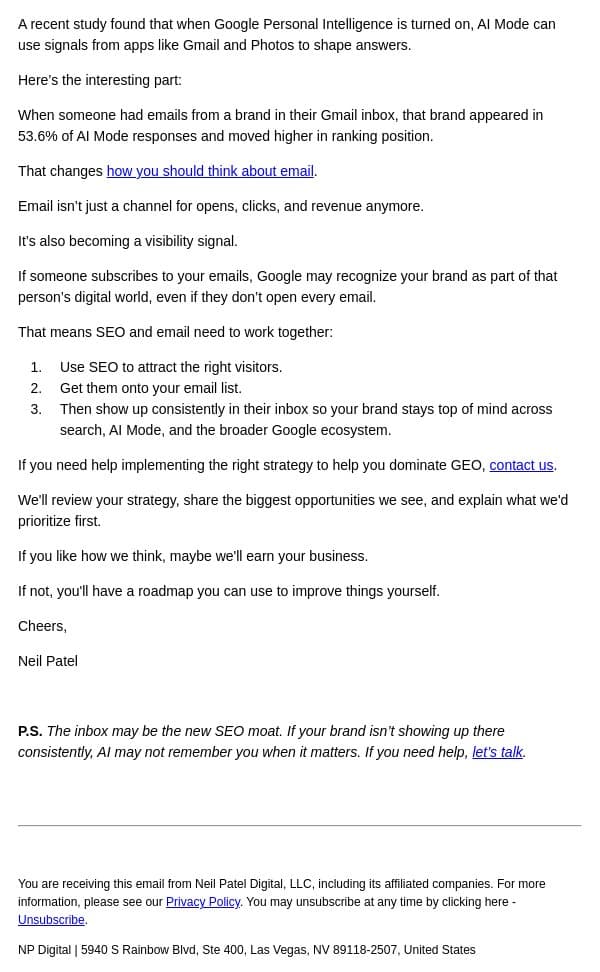 New GEO strategy email from Ubersuggest screenshot