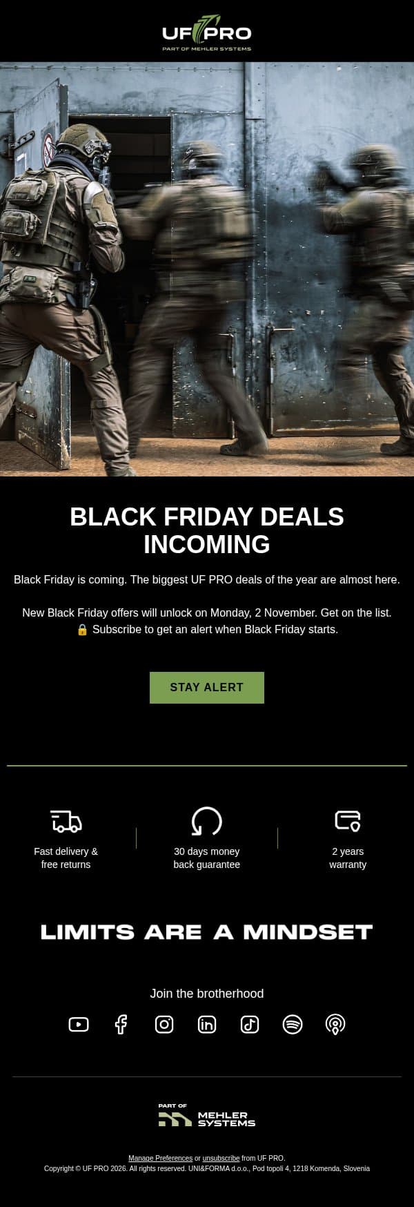 Black Friday Deals on UF PRO Gear Are Coming email from UF PRO screenshot