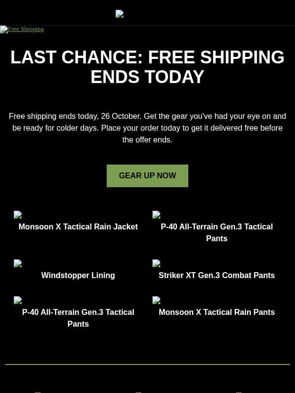 Last Chance: Free Shipping Ends Today email from UF PRO