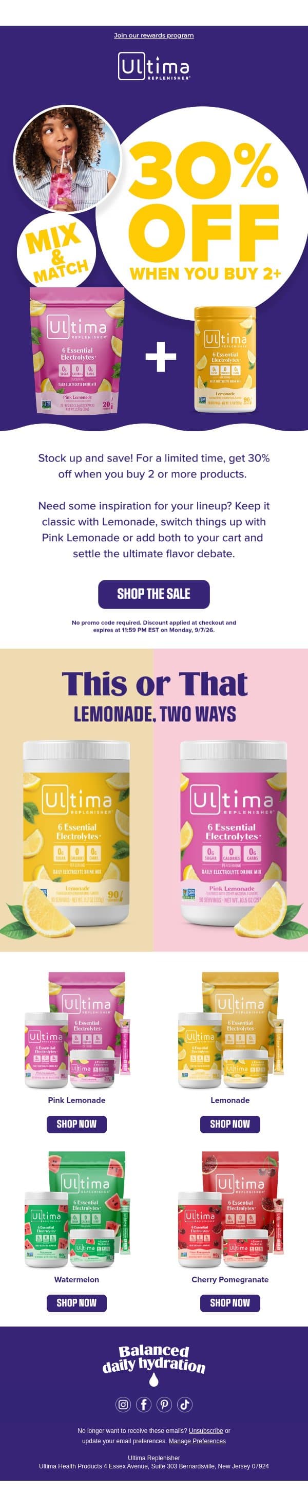 Pick your Lemonade & save 30% 🍋 email from Ultima Replenisher screenshot