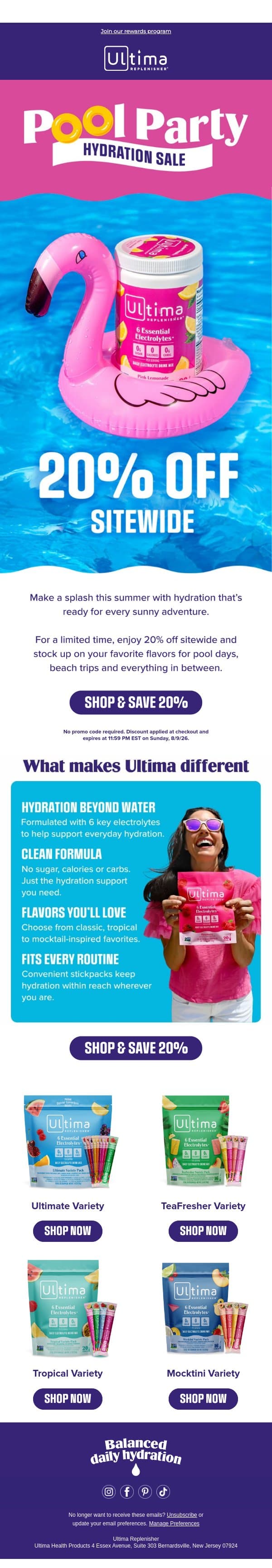 Make a splash: 20% off sitewide π¦ email from Ultima Replenisher screenshot