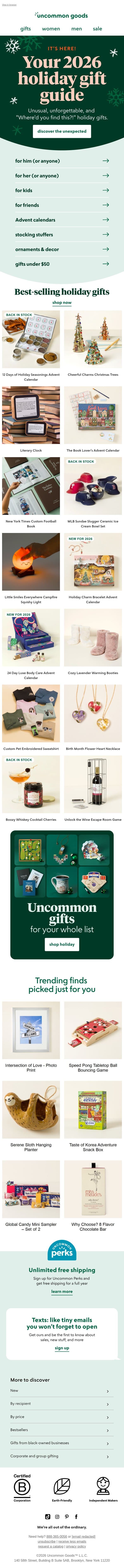 Surprise them with a pick from our holiday gift guide email from Uncommon Goods screenshot
