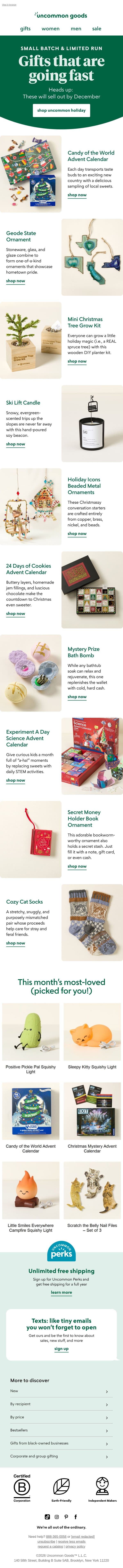 These holiday gifts sell out by December email from Uncommon Goods screenshot