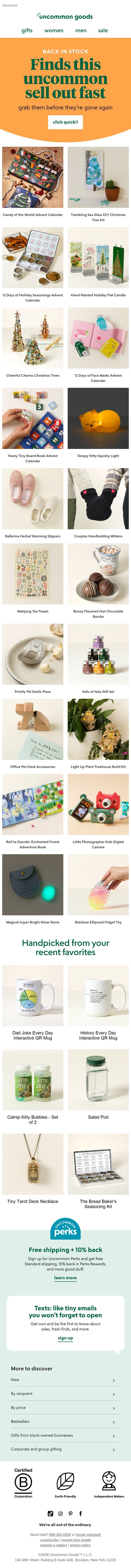 Sold-out favorites were *just* restocked email from Uncommon Goods screenshot