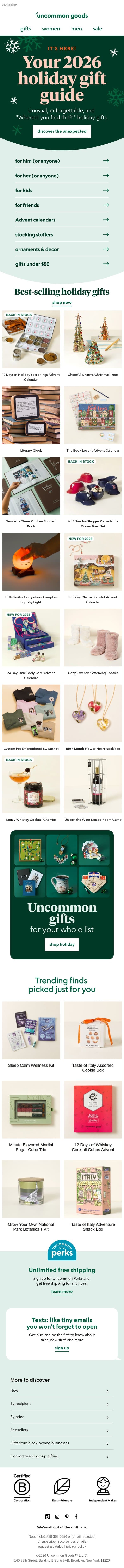 Gift guide: "Where'd you find this?!" holiday gifts email from Uncommon Goods screenshot