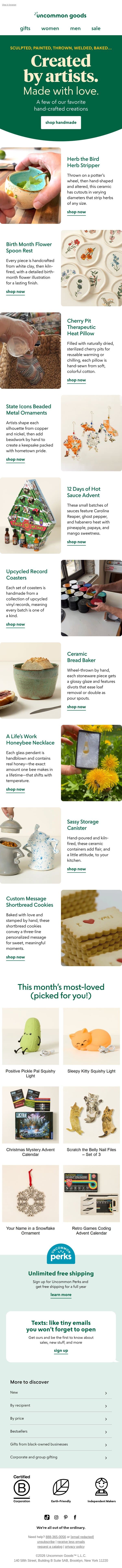 Handmade by artists and truly one-of-a-kind email from Uncommon Goods screenshot