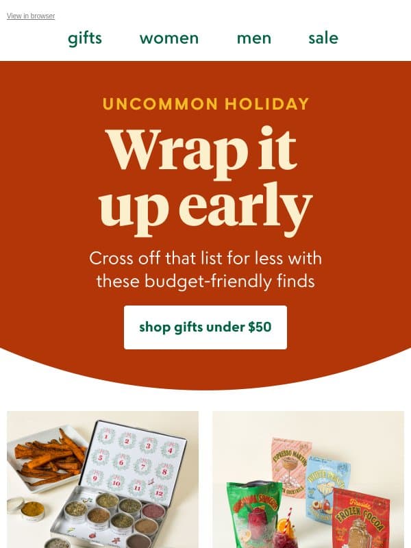Budget-friendly finds for the holidays email from Uncommon Goods