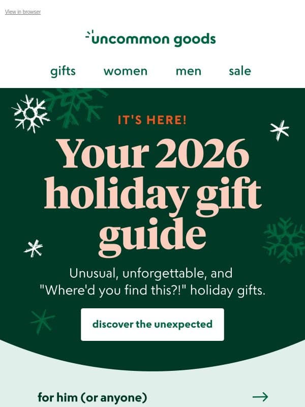 Gift guide: "Where'd you find this?!" holiday gifts email from Uncommon Goods