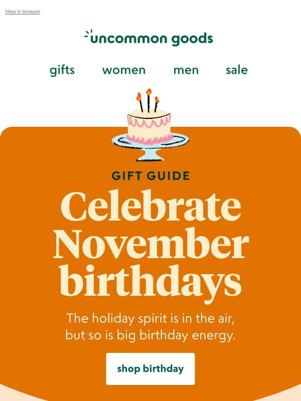 November Birthday gift guide email from Uncommon Goods