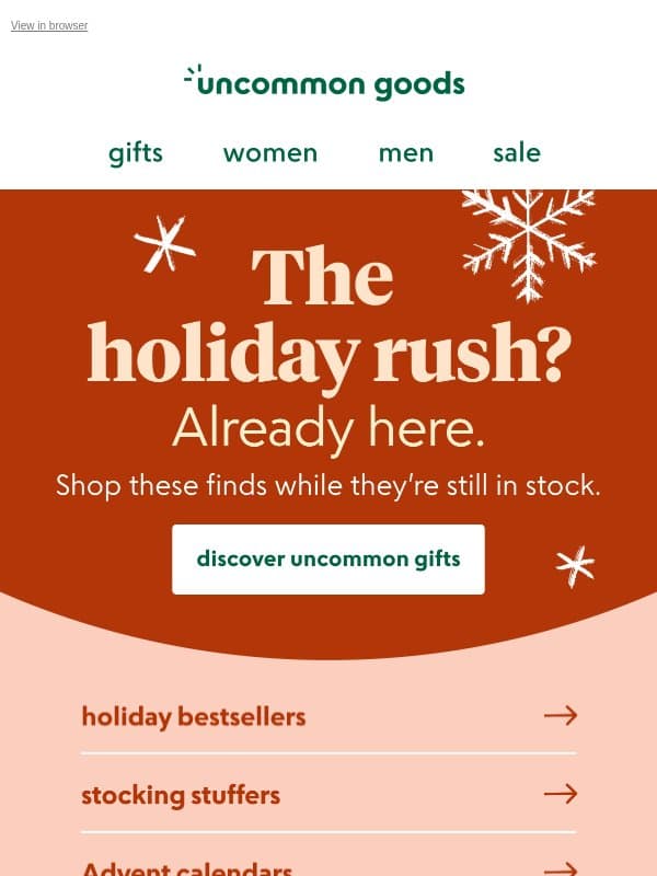 Holiday favorites have landed! email from Uncommon Goods