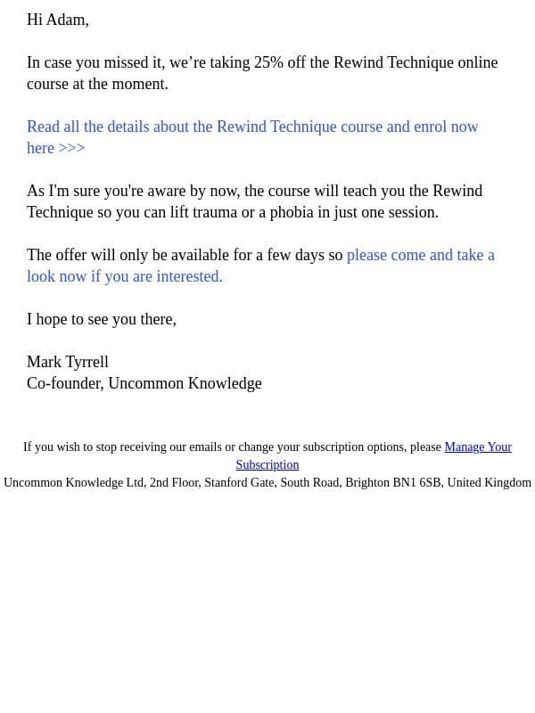25% Off Rewind Technique Course now email from Uncommon Knowledge