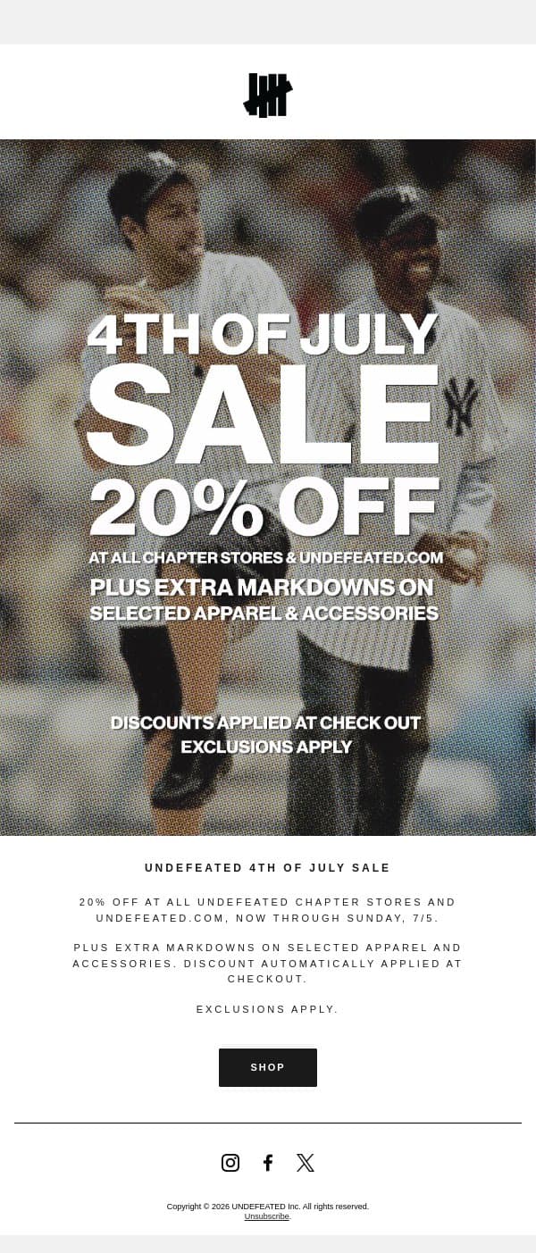 UNDEFEATED 4th of July Sale email from Undefeated screenshot