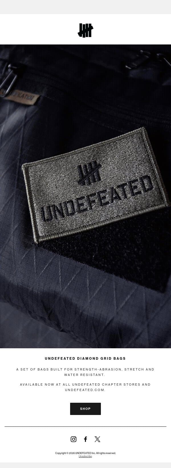 UNDEFEATED Fall '26 - Diamond Grid Bags Available Now email from Undefeated screenshot