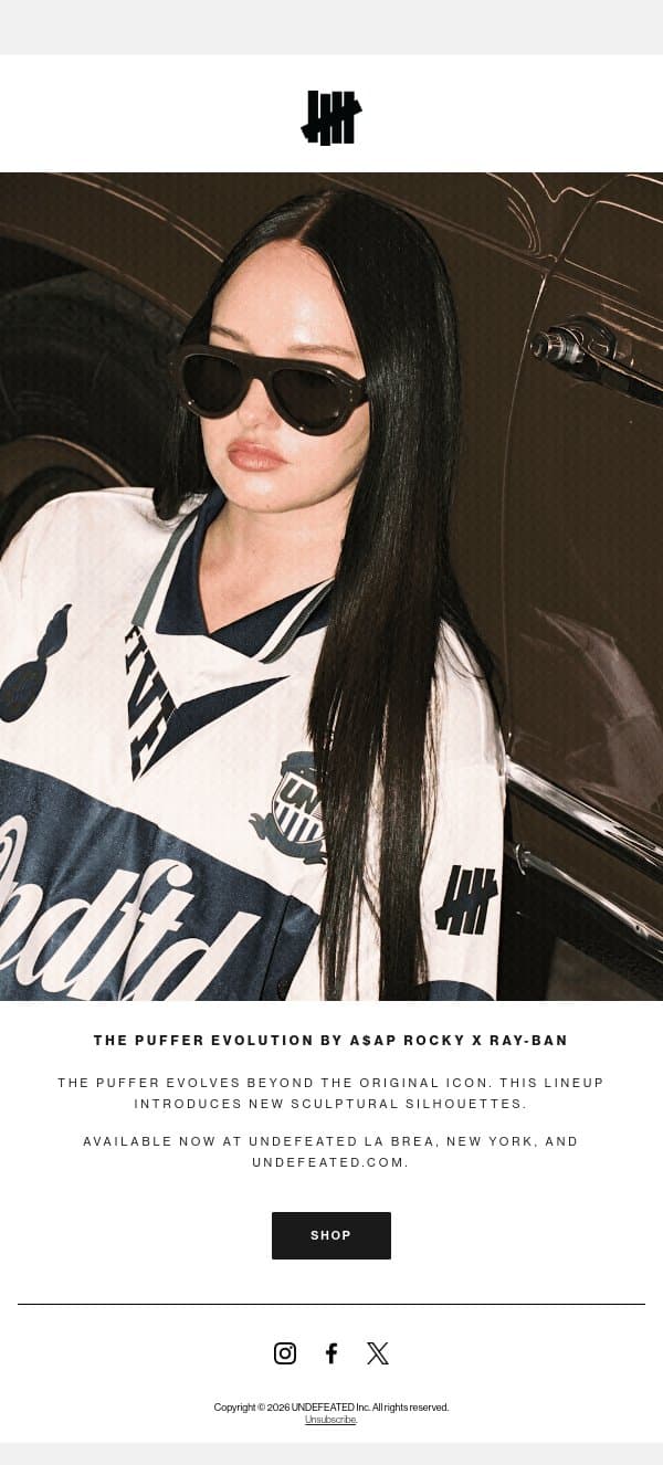 The Puffer Evolution by A$AP Rocky x Ray-Ban - Available Now email from Undefeated screenshot