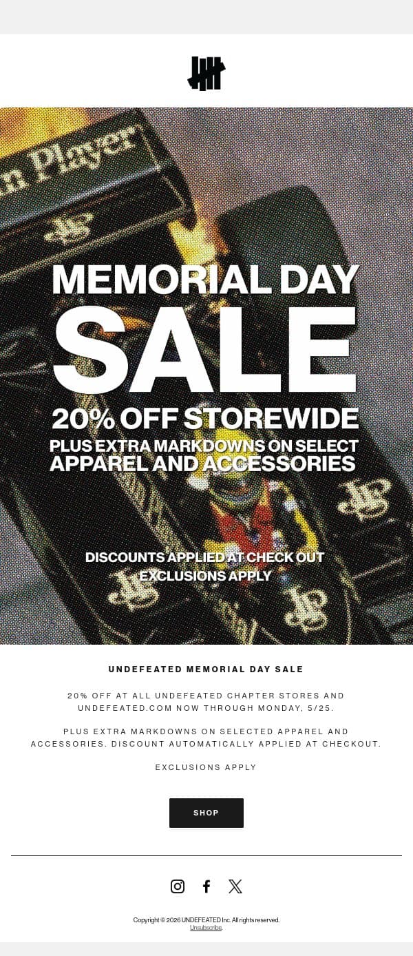UNDEFEATED Memorial Day Sale email from Undefeated screenshot