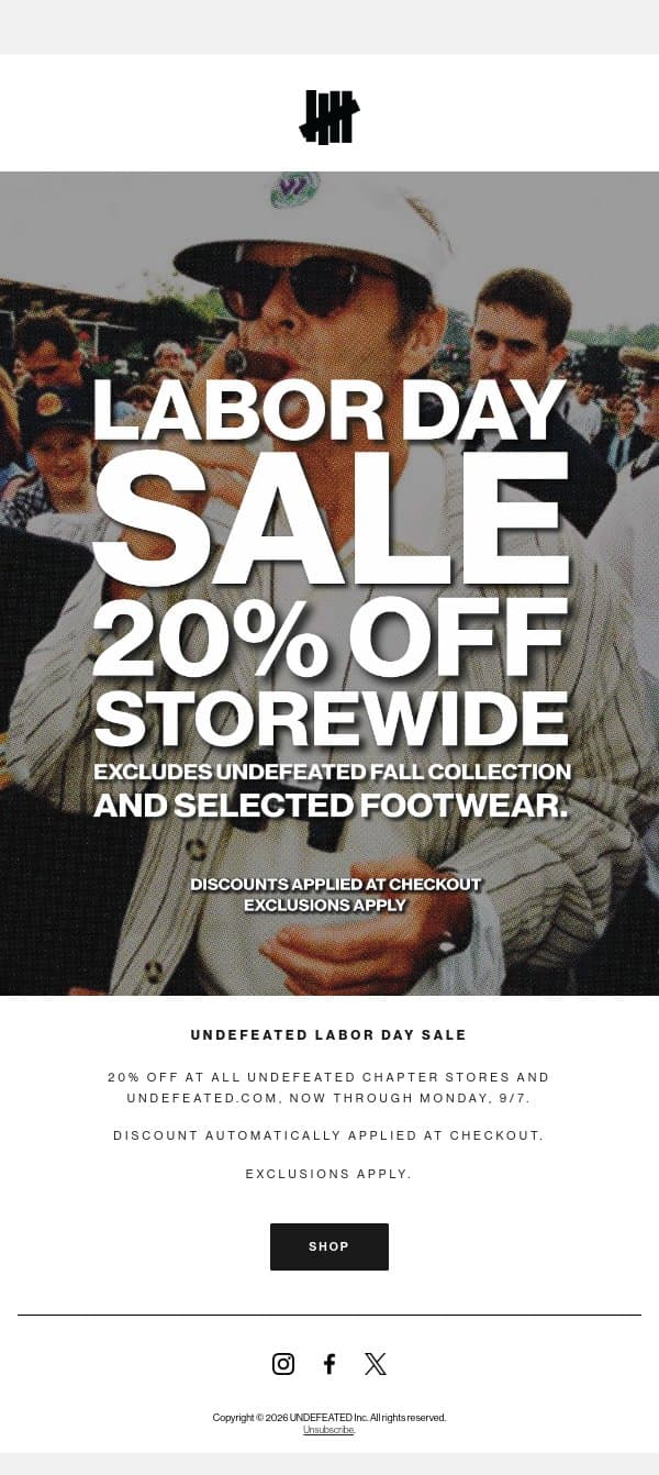 UNDEFEATED Labor Day Sale email from Undefeated screenshot