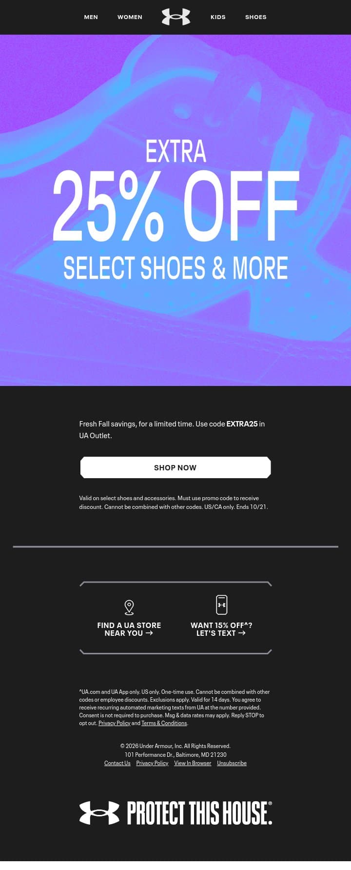 Extra 25% off shoes & more email from Under Armour screenshot