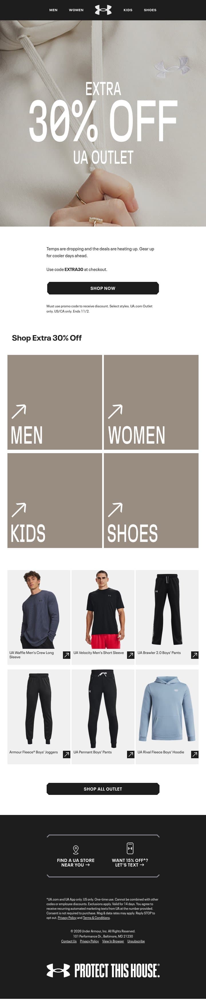 Extra 30% off UA Outlet starts now email from Under Armour screenshot