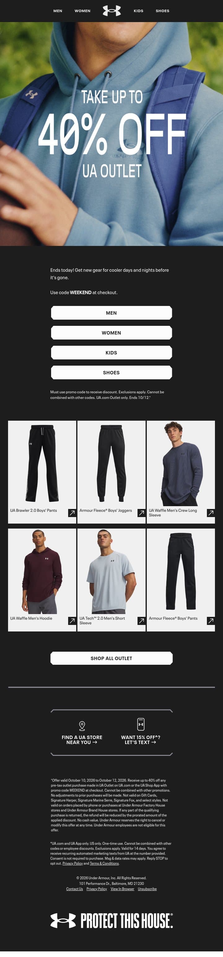 ENDS TODAY: Up to 40% off UA Outlet π¨ email from Under Armour screenshot