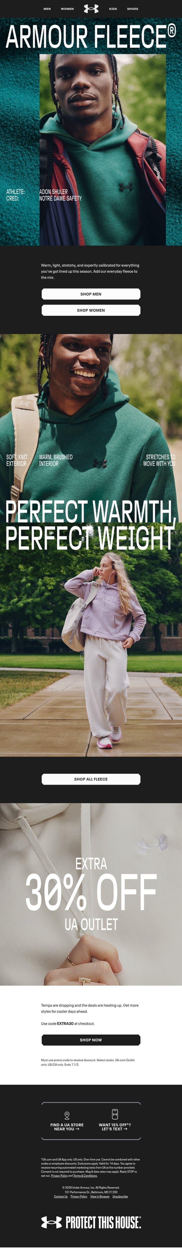 Fall comfort starts here email from Under Armour screenshot