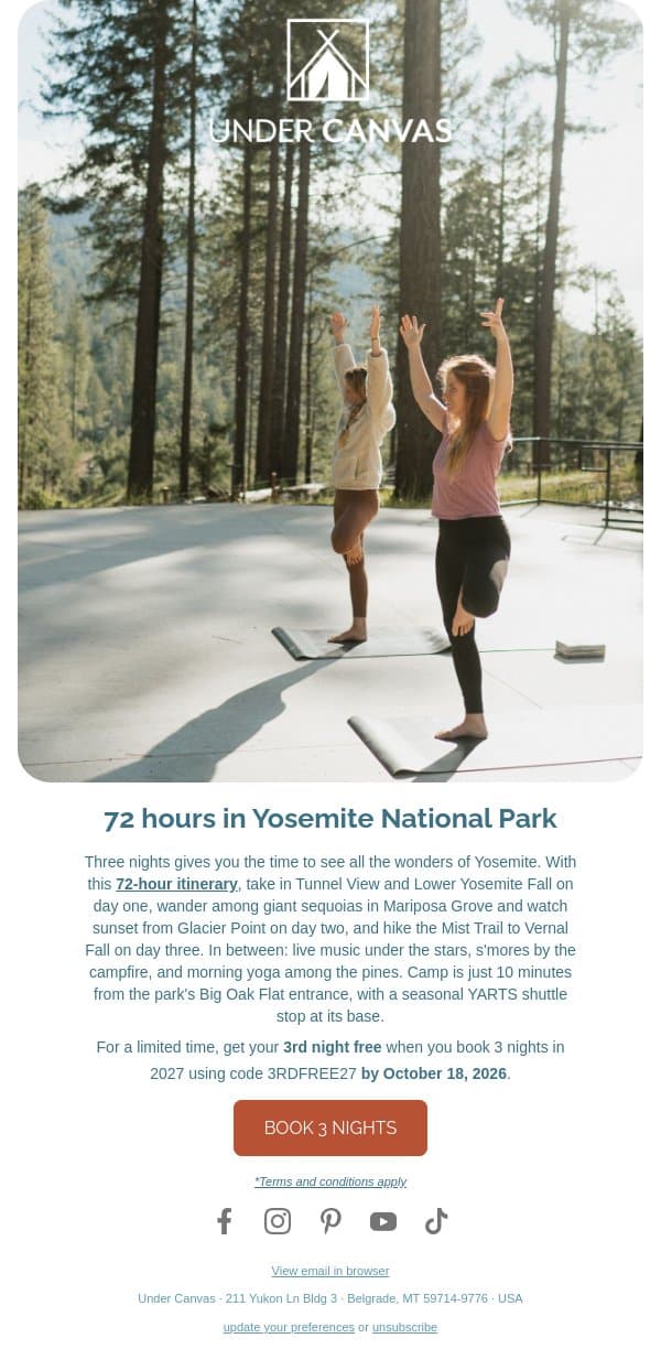 Adam, free 3rd night in Yosemite email from Under Canvas screenshot