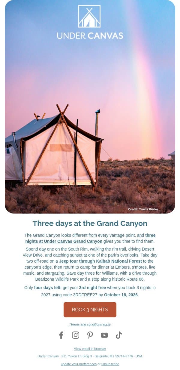 Adam, only four days left to get your 3rd night free email from Under Canvas screenshot