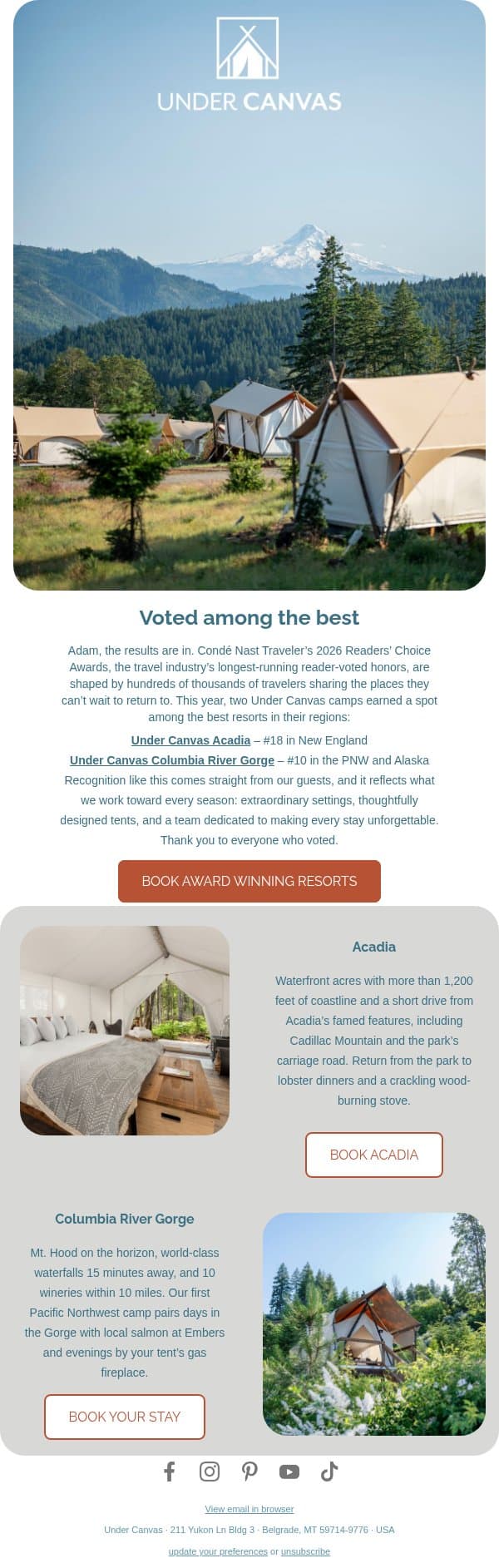 Big news! Two Under Canvas camps named top resorts by Condé Nast Traveler email from Under Canvas screenshot